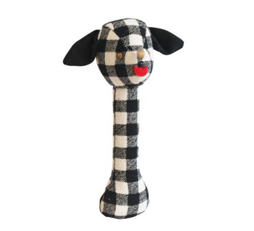 Puppy Stick Rattle Black Check Linen