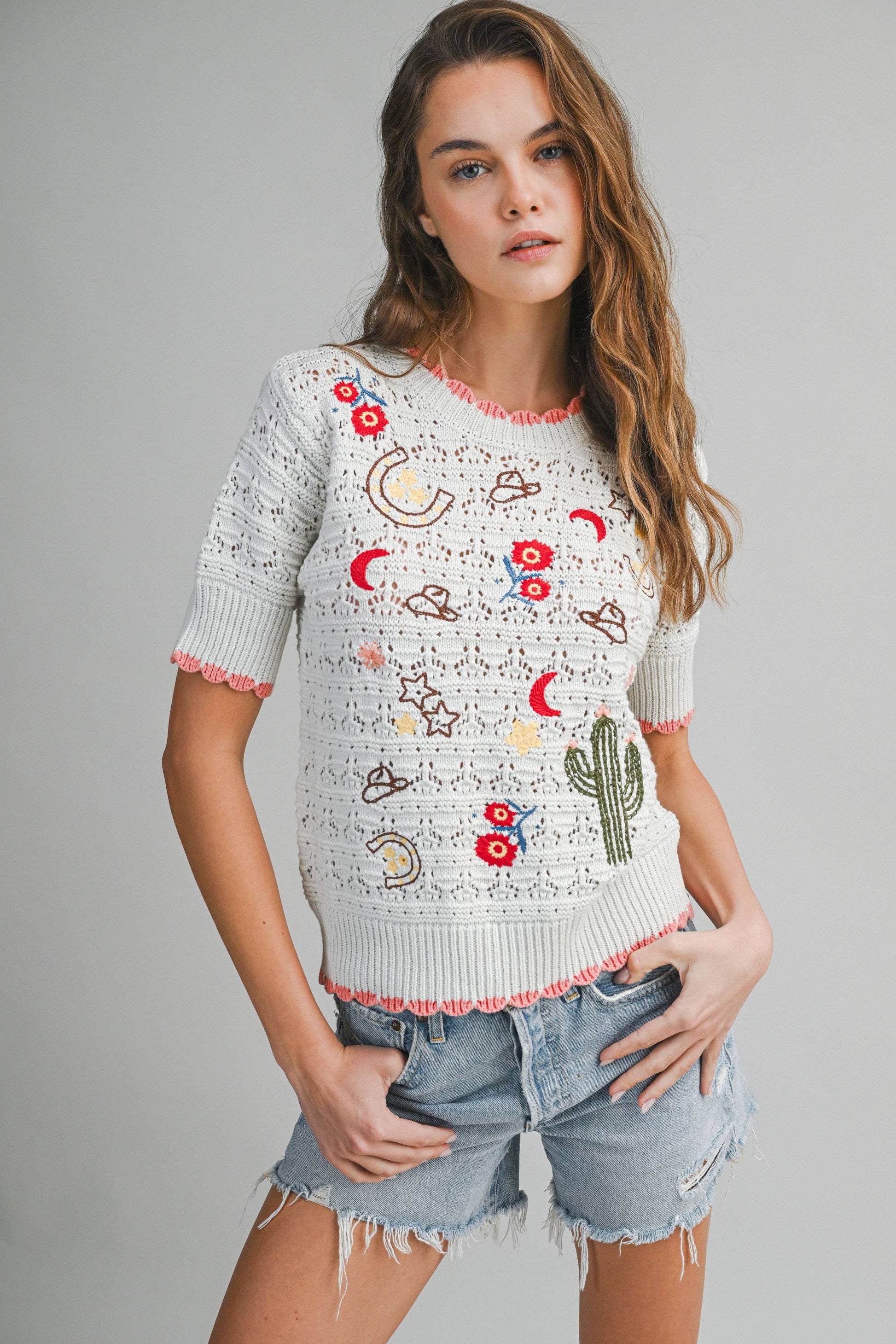 Embroidered Western Motif Knit Top