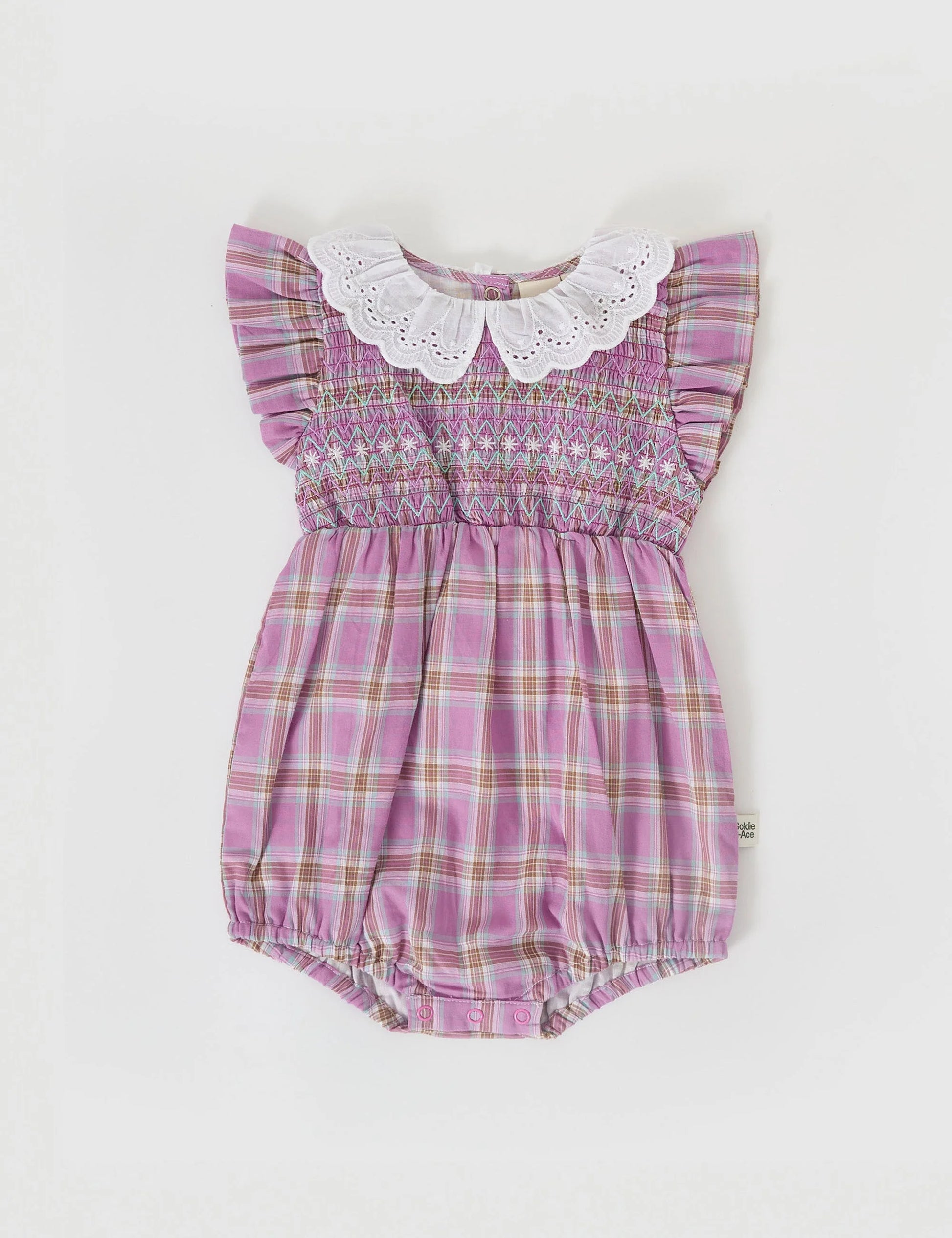 LANI SMOCKED ROMPER MAUVE CHECK