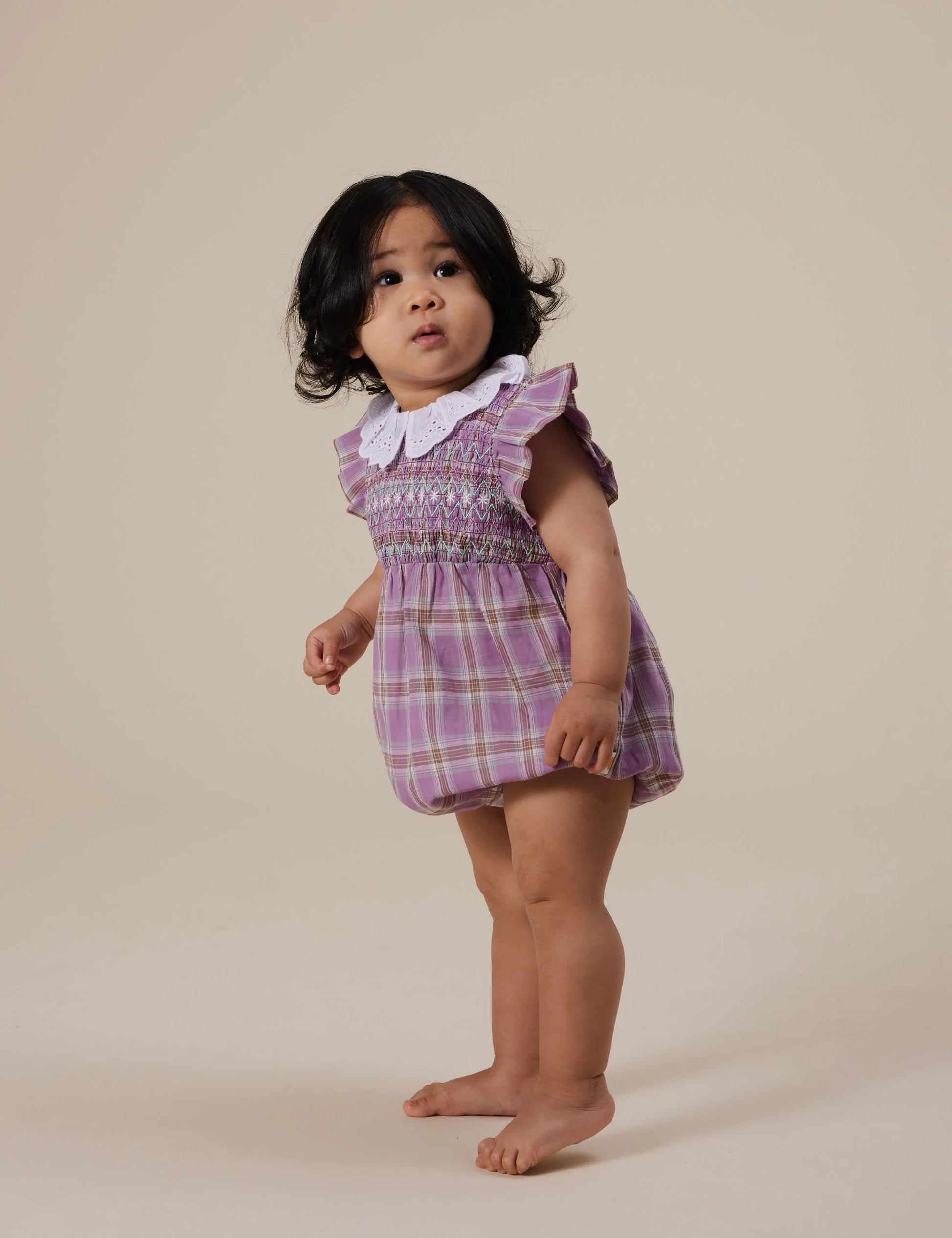 LANI SMOCKED ROMPER MAUVE CHECK