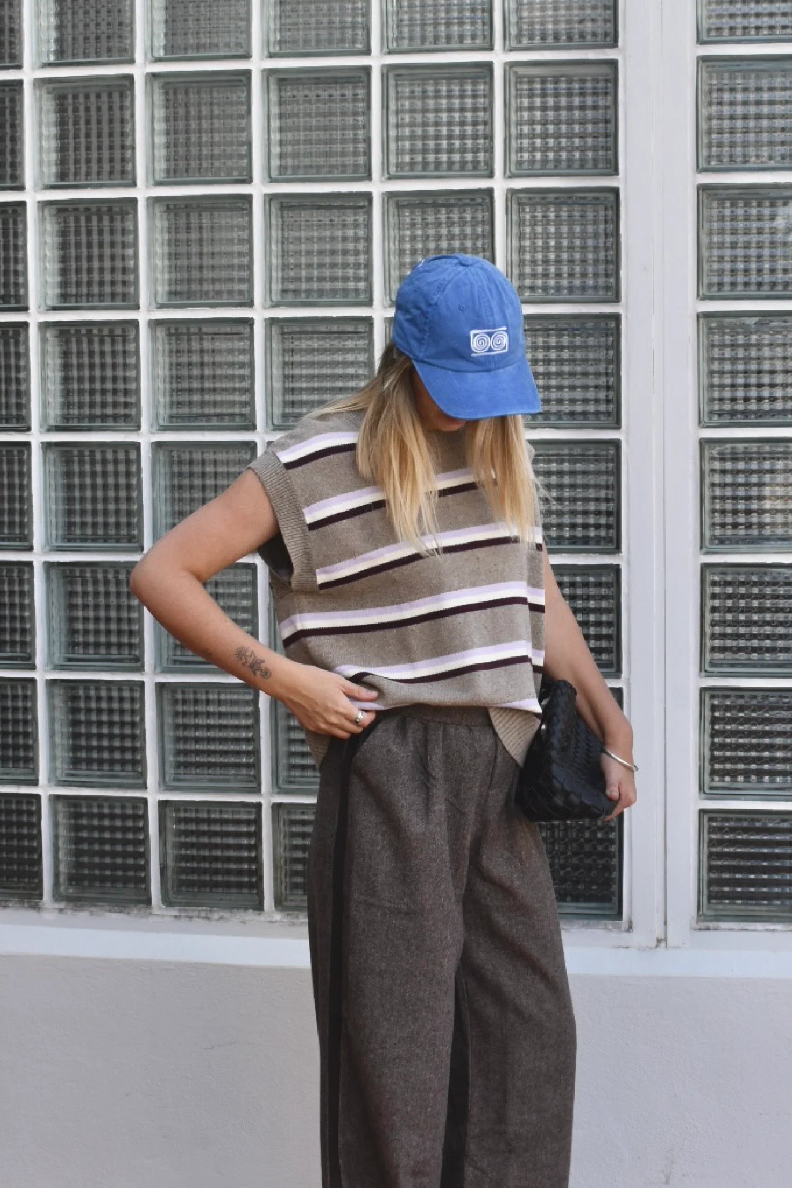 Ladies Organic Stripe Knit Vest - Oatmilk