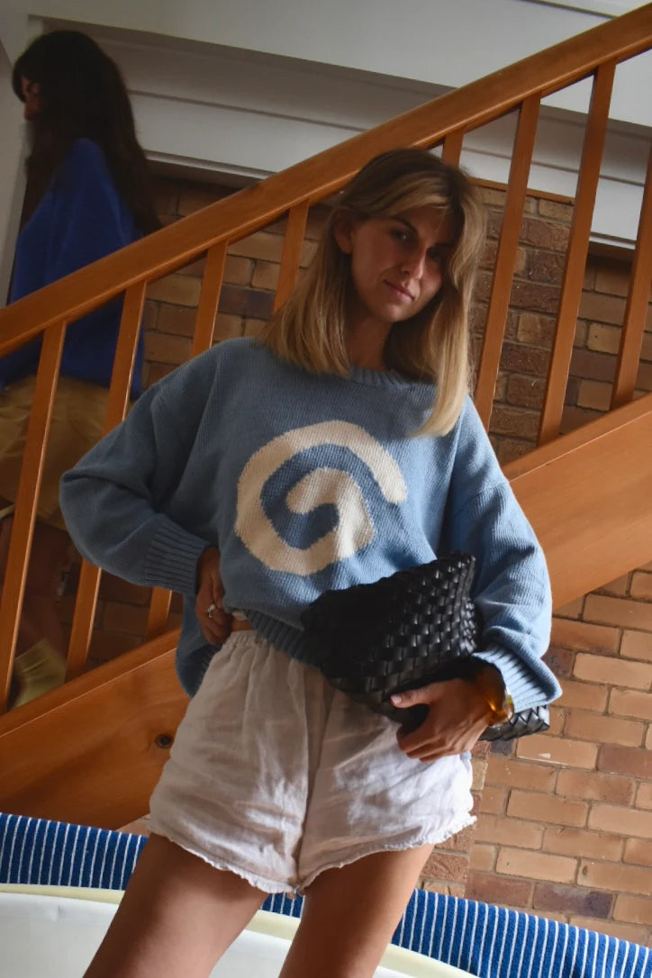 Ladies Organic Swirl Intarsia Knit Pull Over - Duck Egg