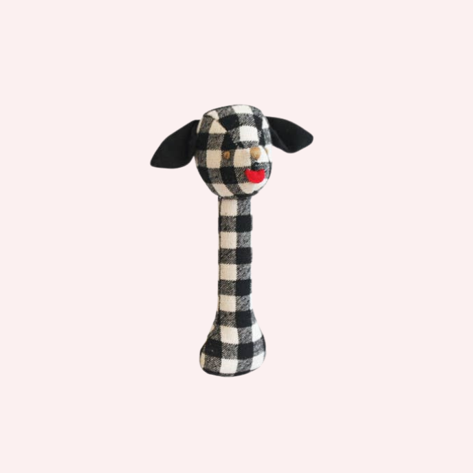 Puppy Stick Rattle Black Check Linen