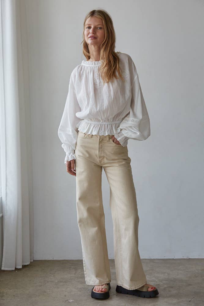 Woven Cotton Embroidered Long Sleeve Blouse