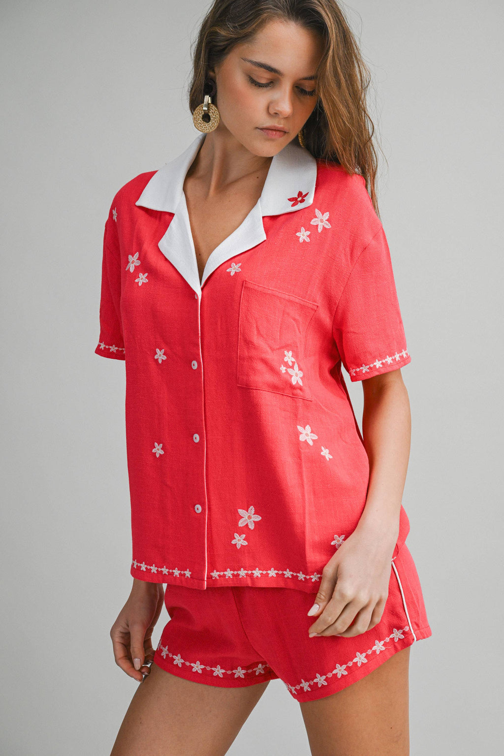 Embroidered Button-Up Short Sleeve Shirt