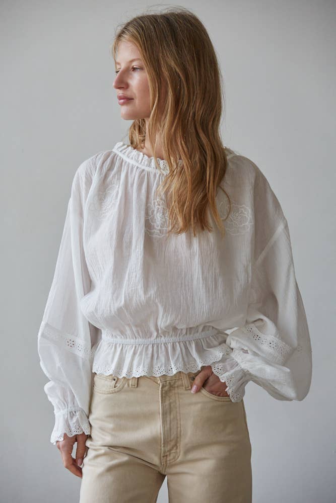 Woven Cotton Embroidered Long Sleeve Blouse