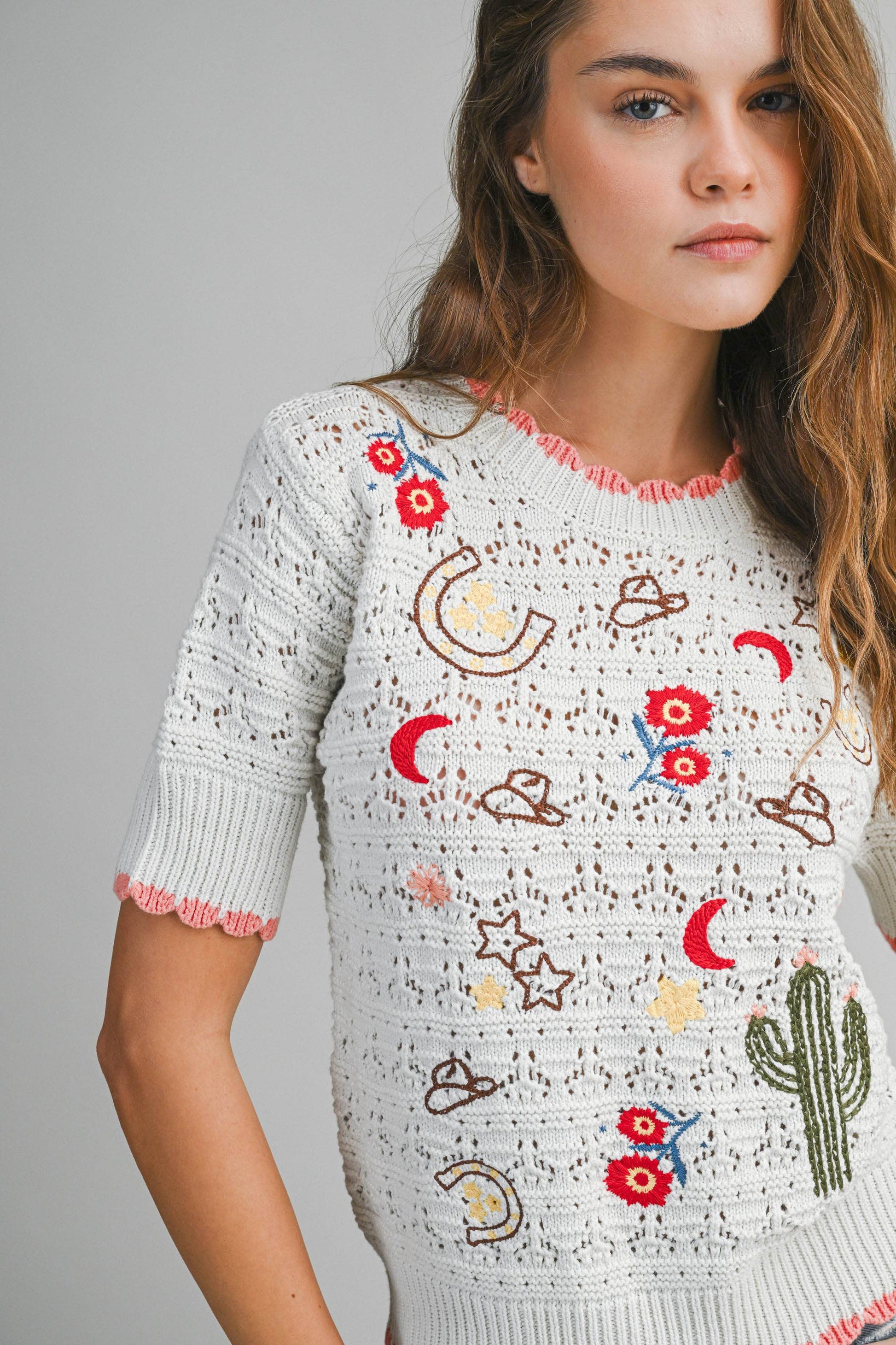 Embroidered Western Motif Knit Top