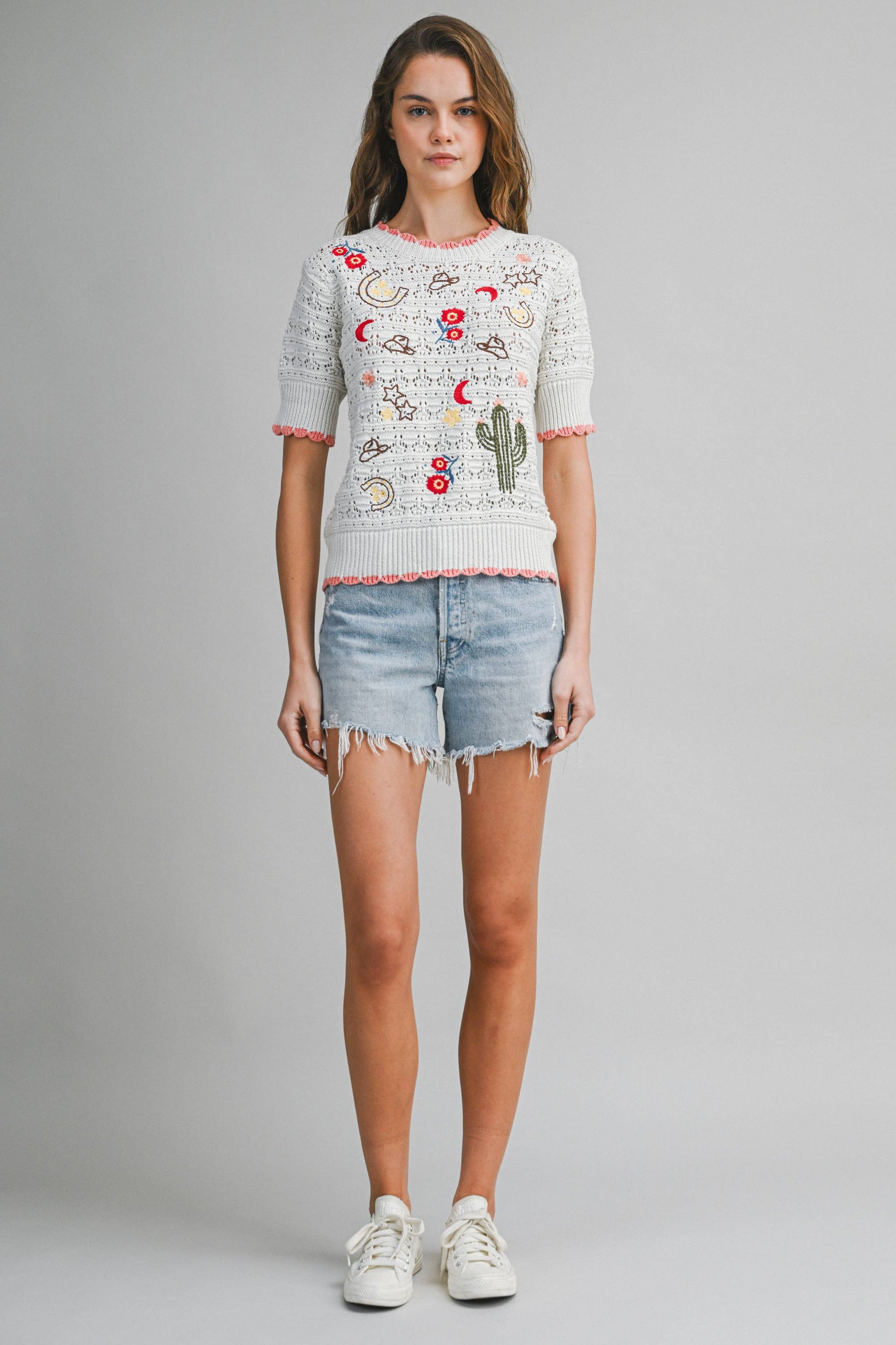 Embroidered Western Motif Knit Top