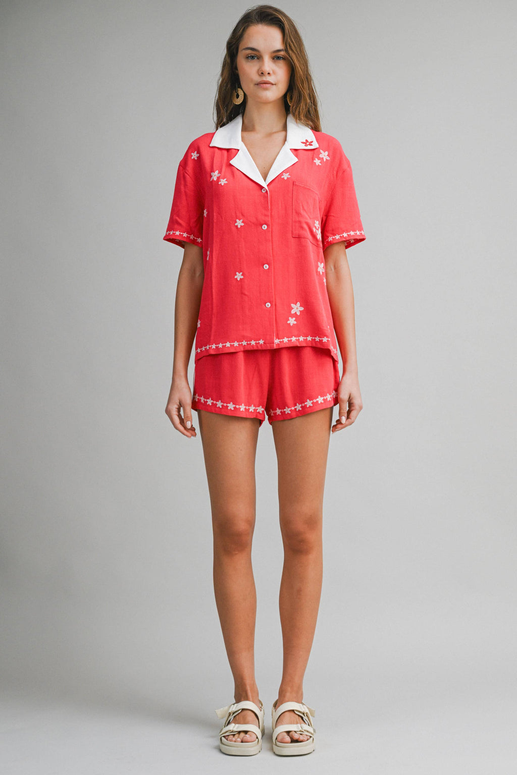 Embroidered Button-Up Short Sleeve Shirt
