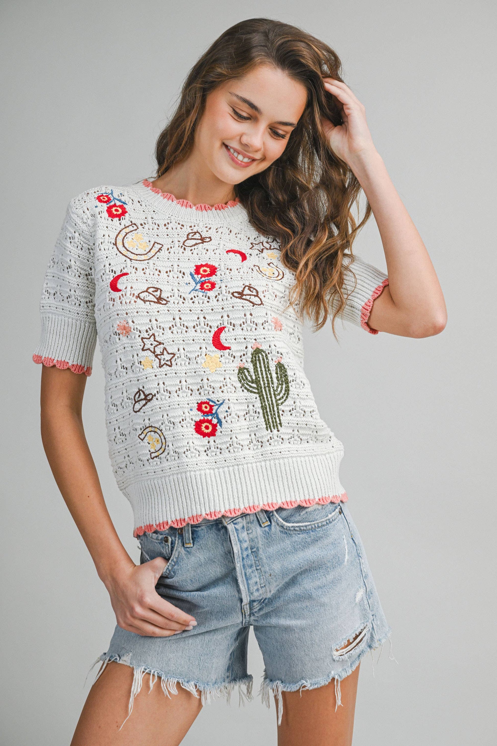 Embroidered Western Motif Knit Top