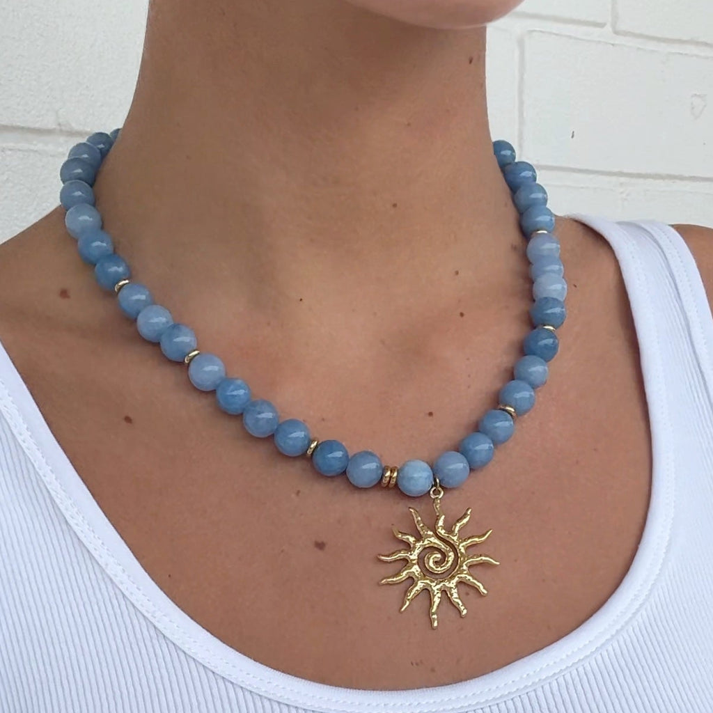 Aquamarine Beaded Sun Necklace