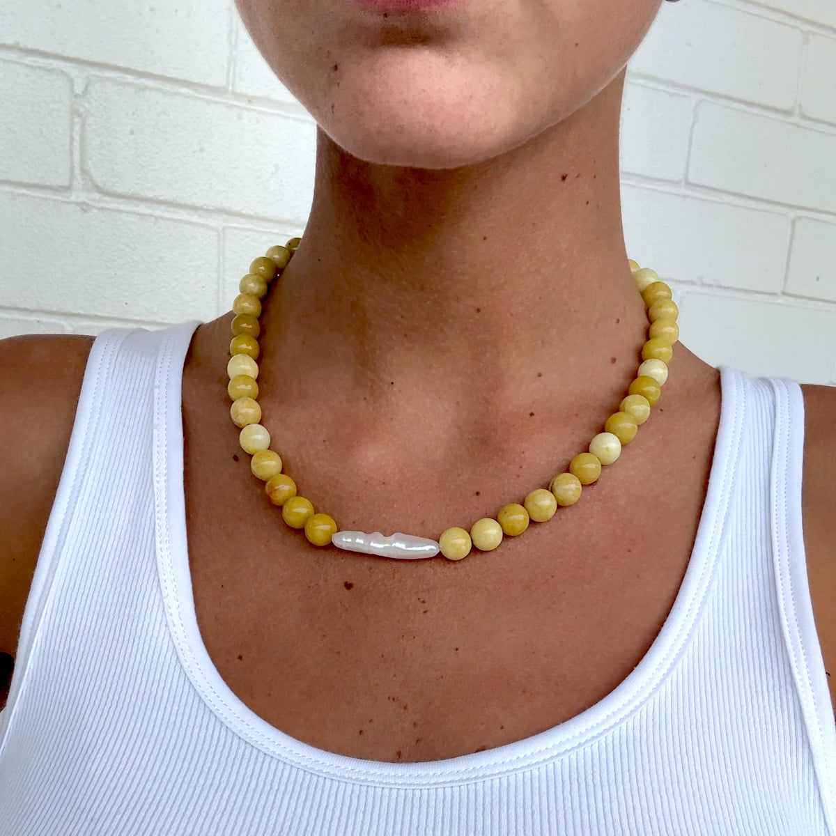 Golden Stone & Baroque Pearl Necklace